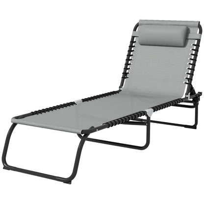 Folding Sun Lounger with 4-Position Adjustable Backrest and Head Cushion, Weather-Resistant Chaise Lounge for Camping, Garden, Beach & Pool — Light Gray, Up to 265 lb
