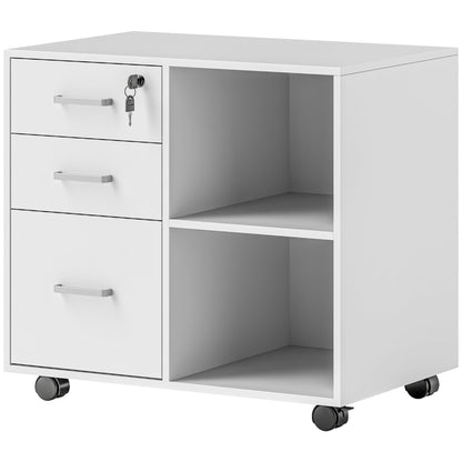 Office Document Storage Drawer with 3 Drawers, Wooden Office Furniture with Wheels, 2 Compartments and Lockable Drawer with Keys, for Office and Study, 60x40x56 cm, White