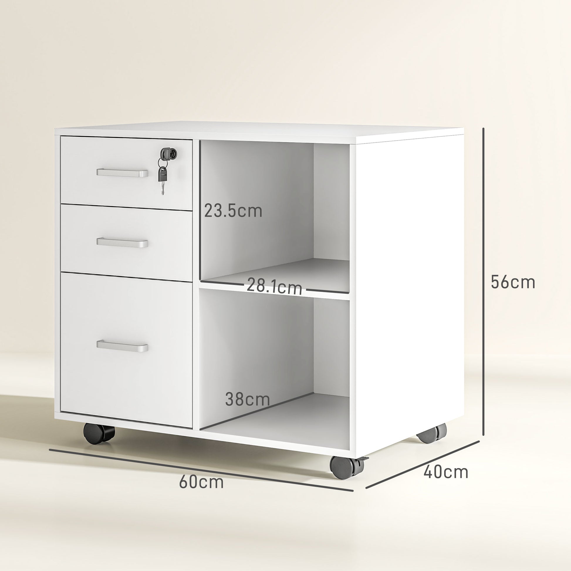 Office Document Storage Drawer with 3 Drawers, Wooden Office Furniture with Wheels, 2 Compartments and Lockable Drawer with Keys, for Office and Study, 60x40x56 cm, White