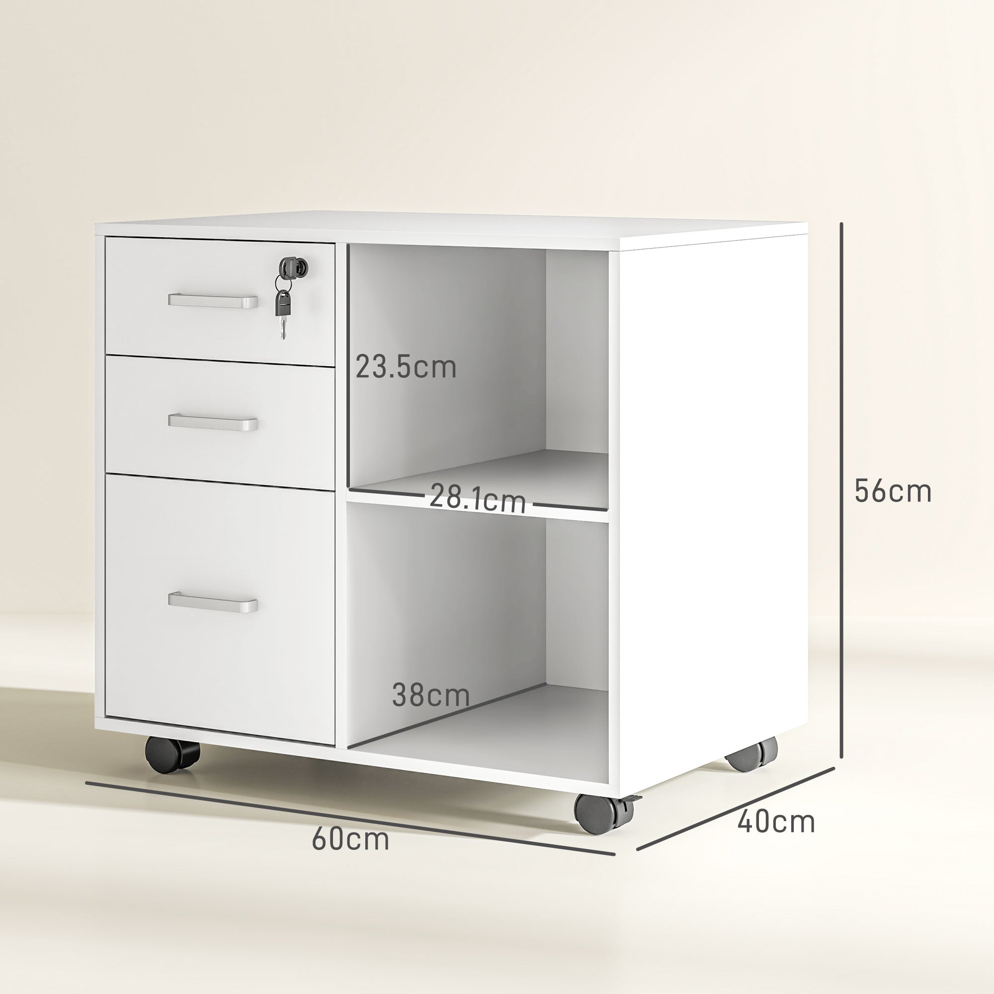 Office Document Storage Drawer with 3 Drawers, Wooden Office Furniture with Wheels, 2 Compartments and Lockable Drawer with Keys, for Office and Study, 60x40x56 cm, White