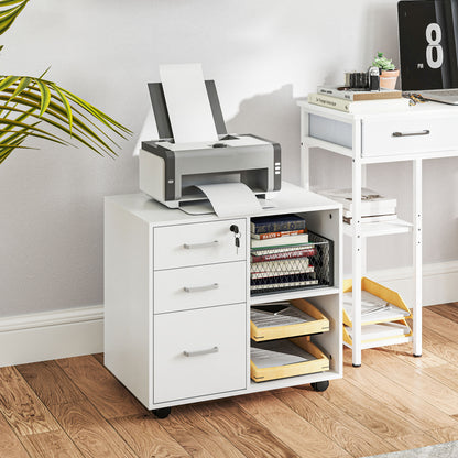 Office Document Storage Drawer with 3 Drawers, Wooden Office Furniture with Wheels, 2 Compartments and Lockable Drawer with Keys, for Office and Study, 60x40x56 cm, White