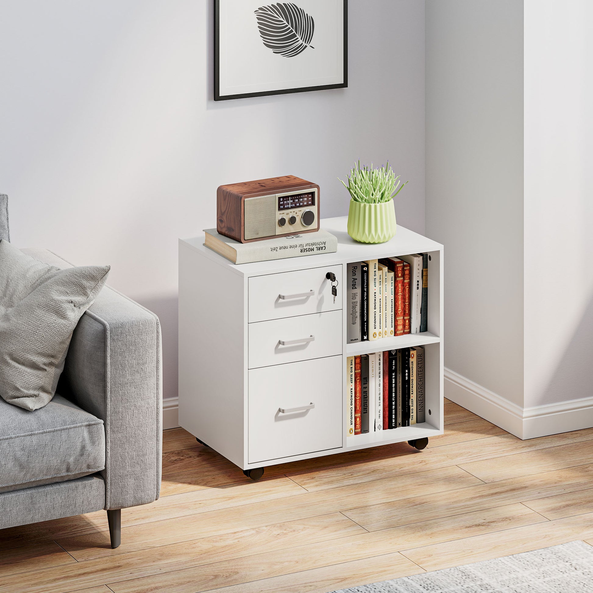 Office Document Storage Drawer with 3 Drawers, Wooden Office Furniture with Wheels, 2 Compartments and Lockable Drawer with Keys, for Office and Study, 60x40x56 cm, White