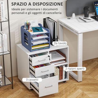 Office Document Storage Drawer with 3 Drawers, Wooden Office Furniture with Wheels, 2 Compartments and Lockable Drawer with Keys, for Office and Study, 60x40x56 cm, White