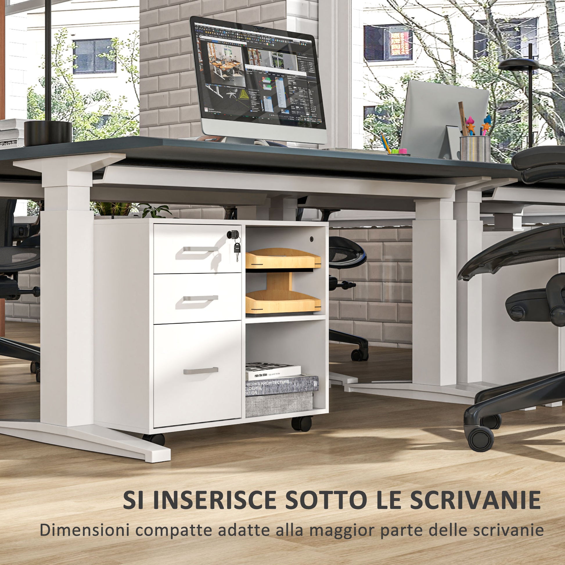 Office Document Storage Drawer with 3 Drawers, Wooden Office Furniture with Wheels, 2 Compartments and Lockable Drawer with Keys, for Office and Study, 60x40x56 cm, White