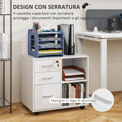 Office Document Storage Drawer with 3 Drawers, Wooden Office Furniture with Wheels, 2 Compartments and Lockable Drawer with Keys, for Office and Study, 60x40x56 cm, White