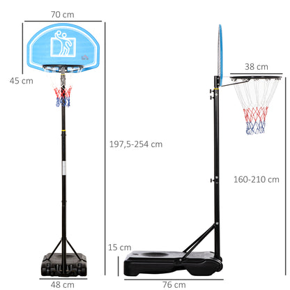 Outdoor Adjustable Height Basketball Hoop 160-210 cm Portable Basketball Hoop with Wheels PE Board and Fillable Base 76x70x197.5-254 cm Black and Blue