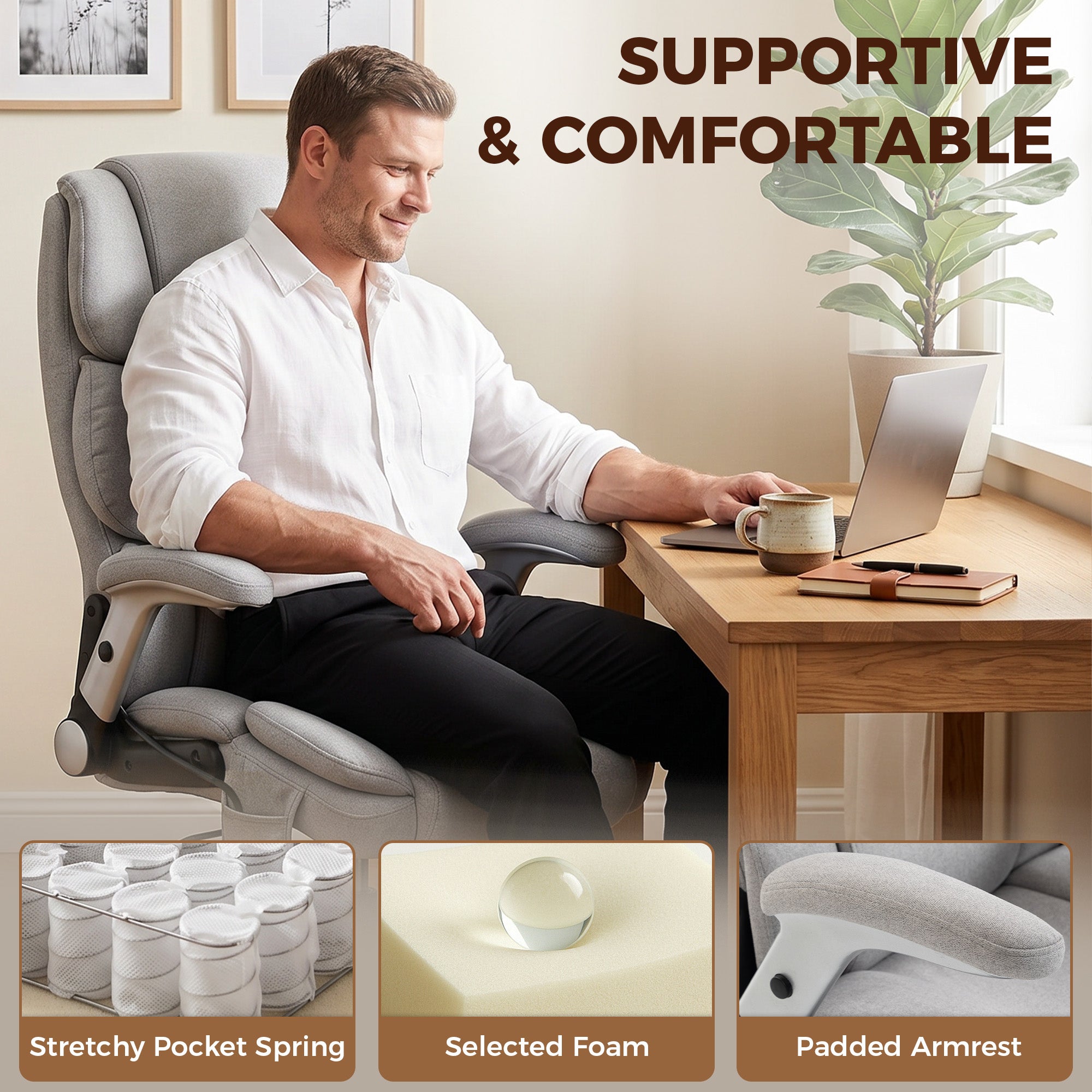 Office Chair — 397 lb Capacity, Inflatable Lumbar Support, Extra-Wide Executive Seat, Flip-Up Arms, Pocket Springs, Class-4 Gas Lift, Light Gray