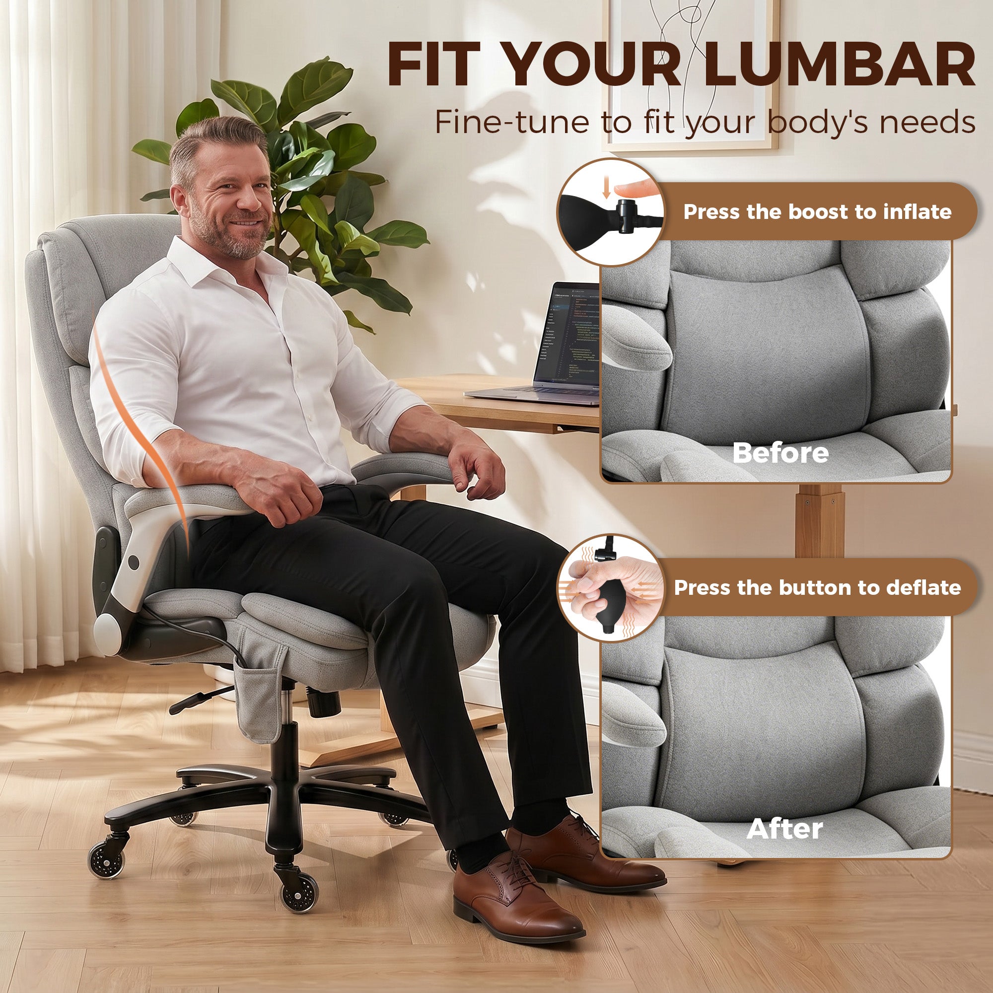 Office Chair — 397 lb Capacity, Inflatable Lumbar Support, Extra-Wide Executive Seat, Flip-Up Arms, Pocket Springs, Class-4 Gas Lift, Light Gray