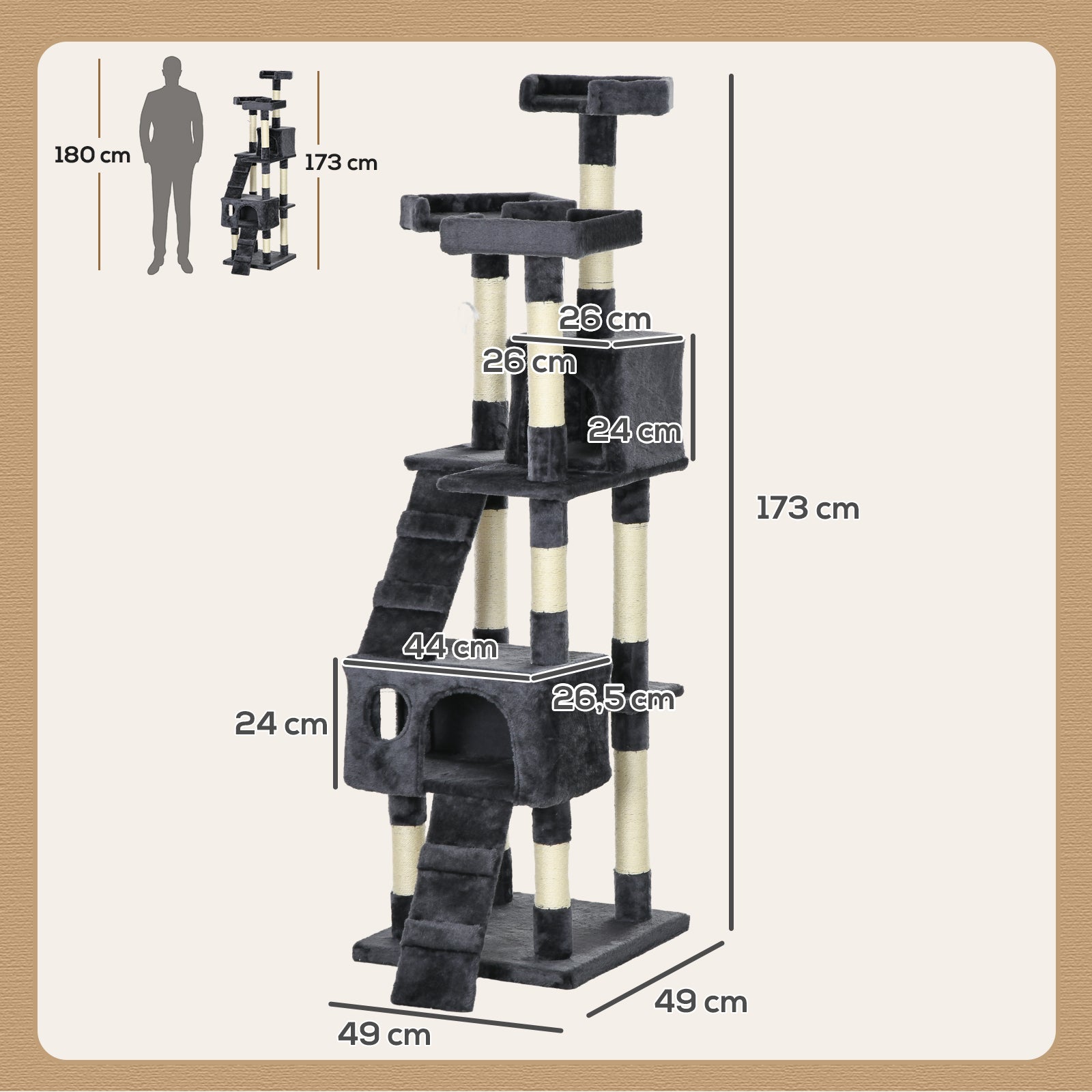 Cat Scratching Tree Large 19.29x19.29x68.11 inches with Multiple Levels with Caves Stairs Hanging Toys Beds Activity Center Sisal Dark Gray