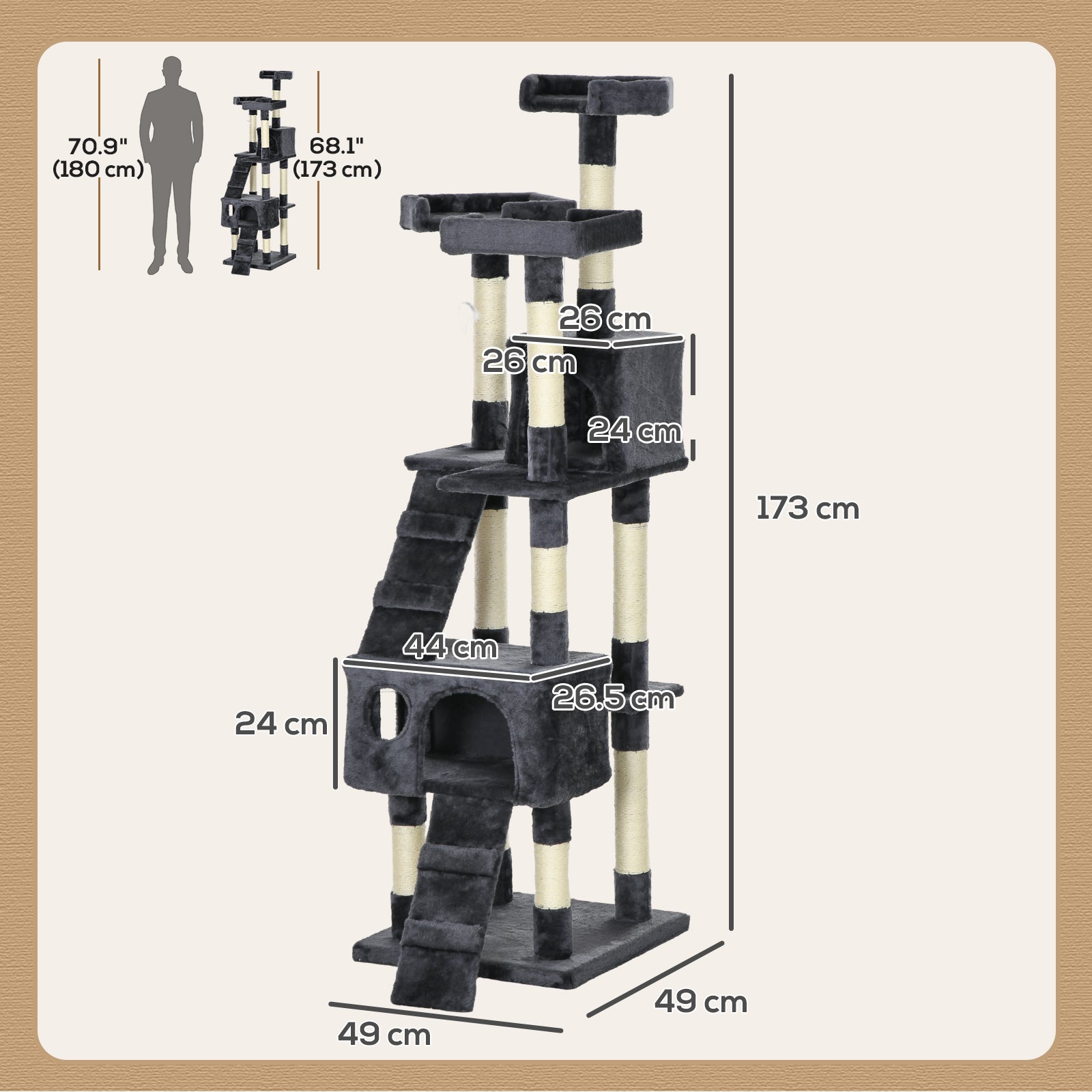 Cat Scratching Tree Large 19.29x19.29x68.11 inches with Multiple Levels with Caves Stairs Hanging Toys Beds Activity Center Sisal Dark Gray
