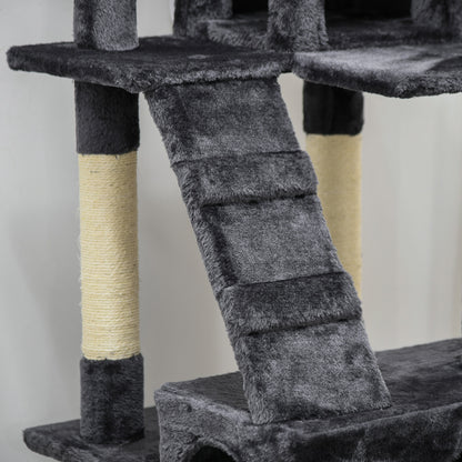Cat Scratching Tree Large 19.29x19.29x68.11 inches with Multiple Levels with Caves Stairs Hanging Toys Beds Activity Center Sisal Dark Gray