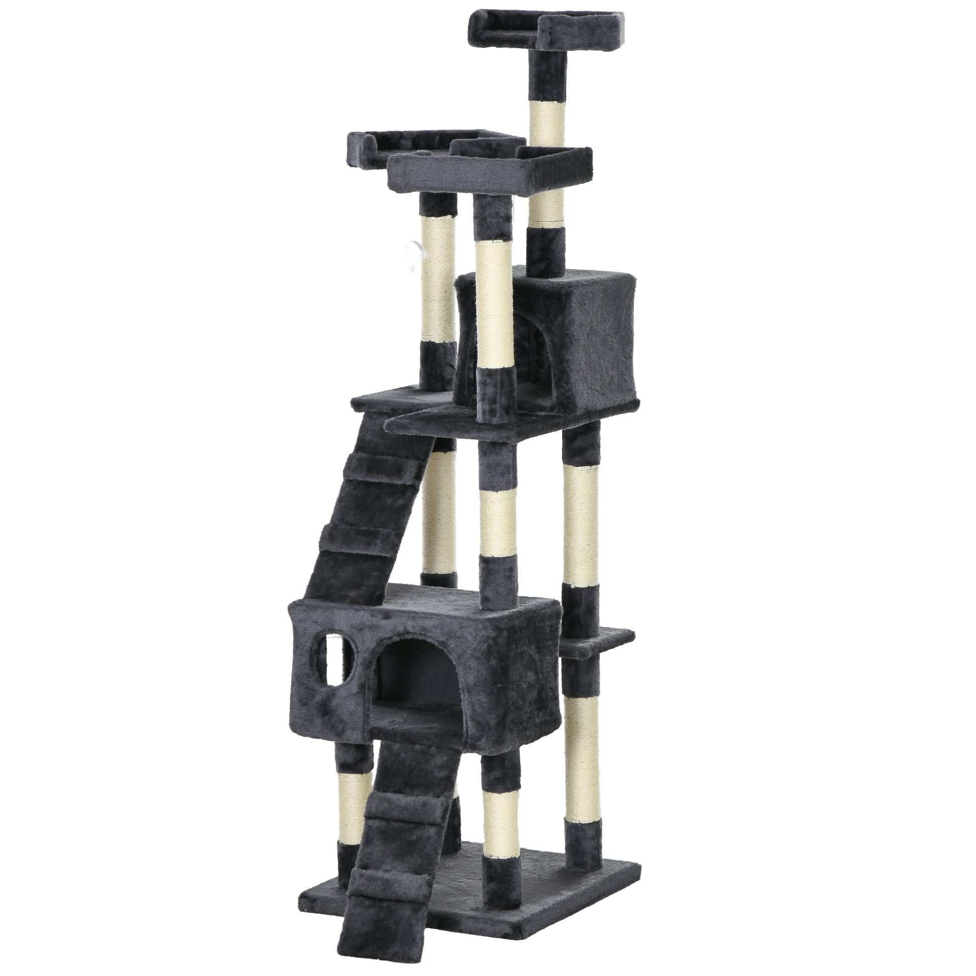 Cat Scratching Tree Large 19.29x19.29x68.11 inches with Multiple Levels with Caves Stairs Hanging Toys Beds Activity Center Sisal Dark Gray