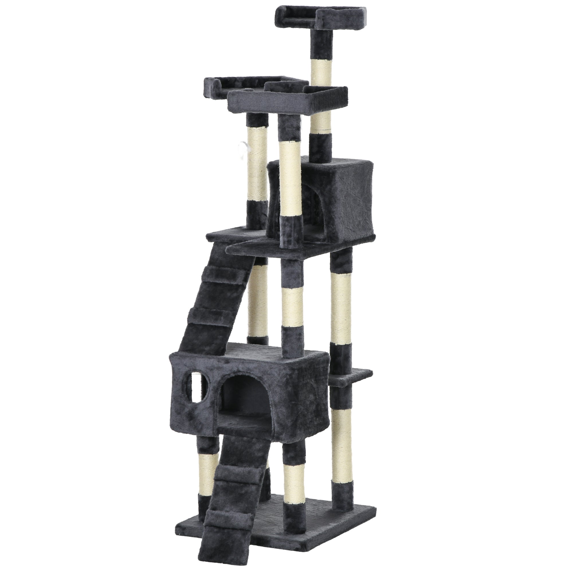 Cat Scratching Tree Large 19.29x19.29x68.11 inches with Multiple Levels with Caves Stairs Hanging Toys Beds Activity Center Sisal Dark Gray