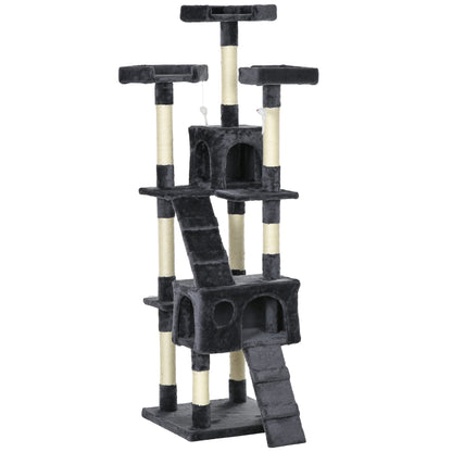 Cat Scratching Tree Large 19.29x19.29x68.11 inches with Multiple Levels with Caves Stairs Hanging Toys Beds Activity Center Sisal Dark Gray