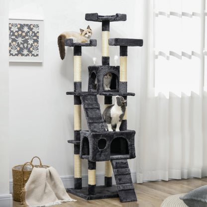 Cat Scratching Tree Large 19.29x19.29x68.11 inches with Multiple Levels with Caves Stairs Hanging Toys Beds Activity Center Sisal Dark Gray