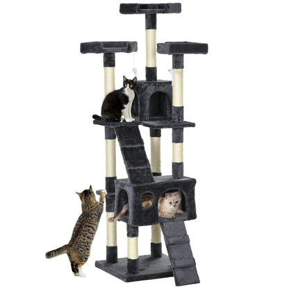Cat Scratching Tree Large 19.29x19.29x68.11 inches with Multiple Levels with Caves Stairs Hanging Toys Beds Activity Center Sisal Dark Gray