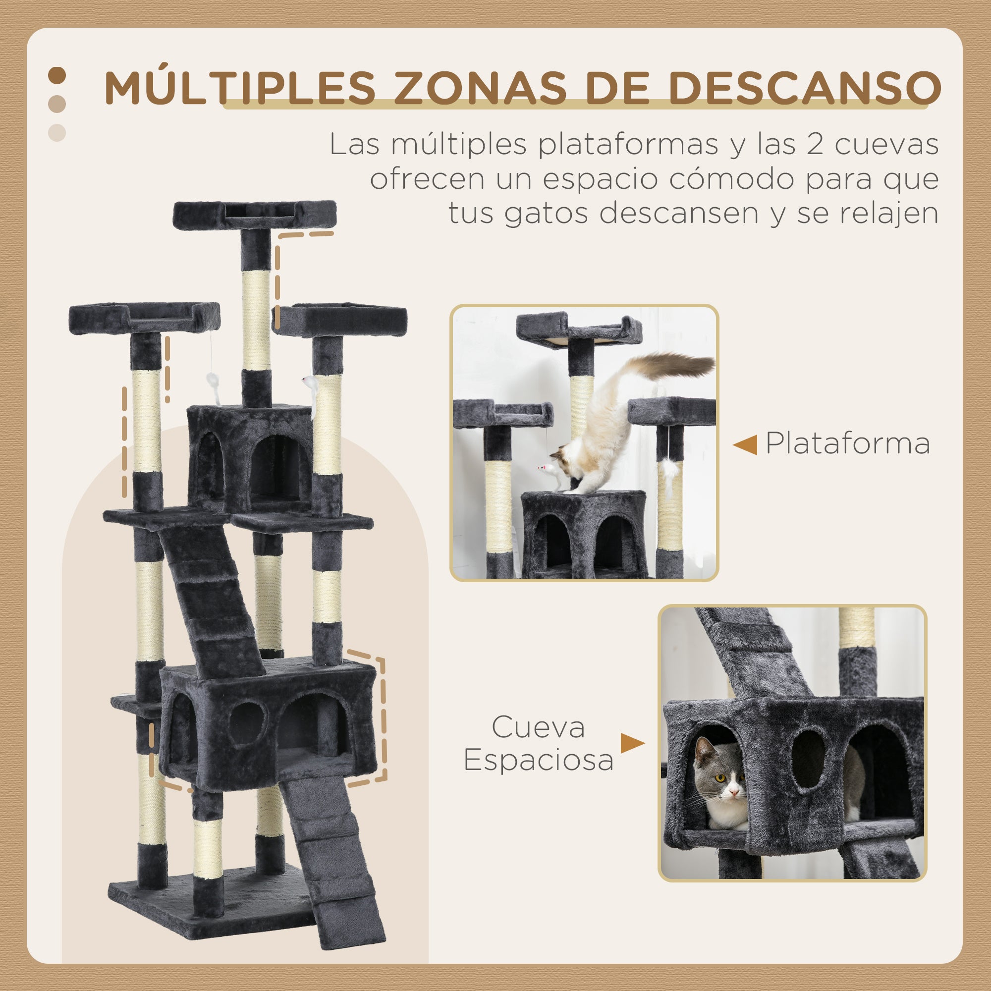 Cat Scratching Tree Large 19.29x19.29x68.11 inches with Multiple Levels with Caves Stairs Hanging Toys Beds Activity Center Sisal Dark Gray