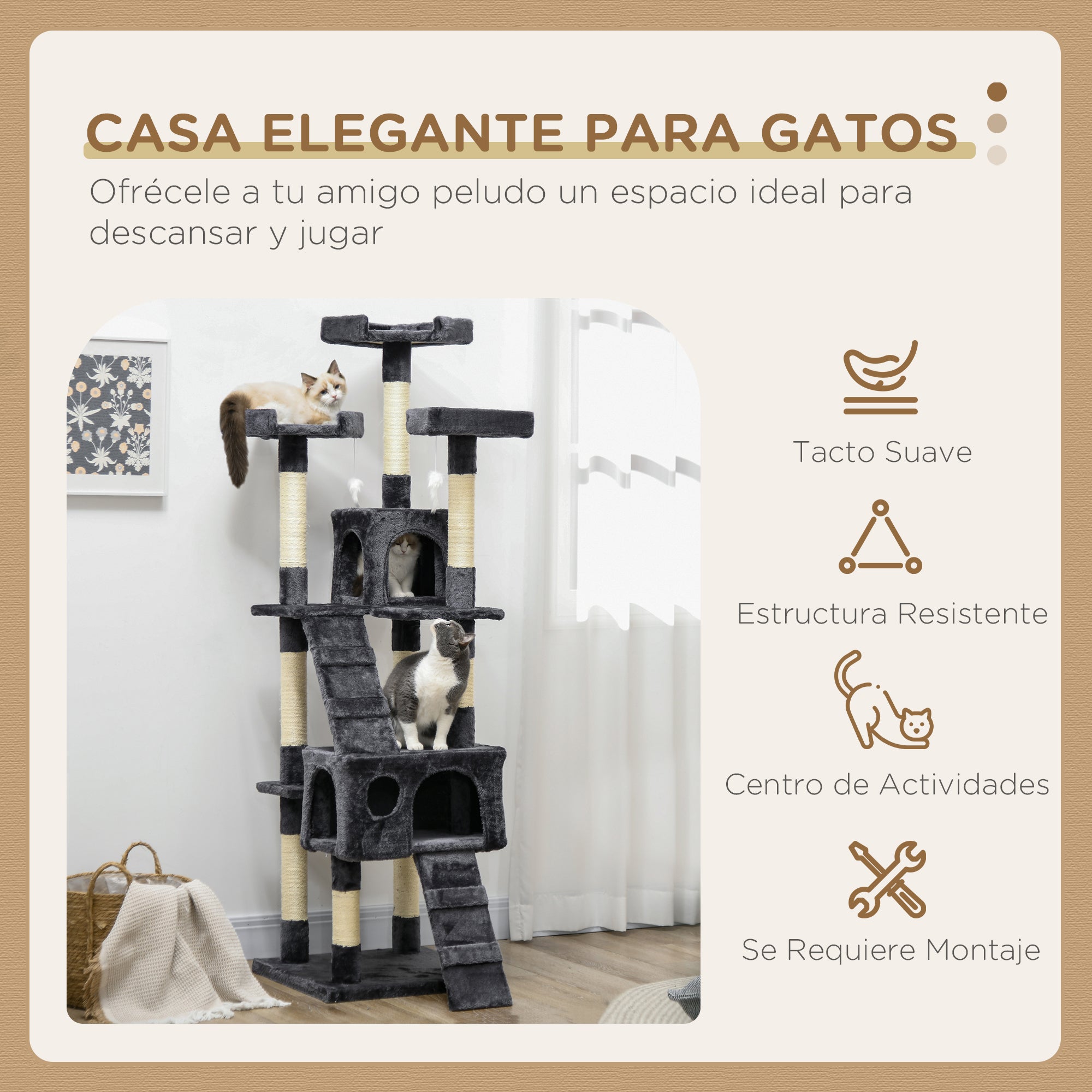 Cat Scratching Tree Large 19.29x19.29x68.11 inches with Multiple Levels with Caves Stairs Hanging Toys Beds Activity Center Sisal Dark Gray