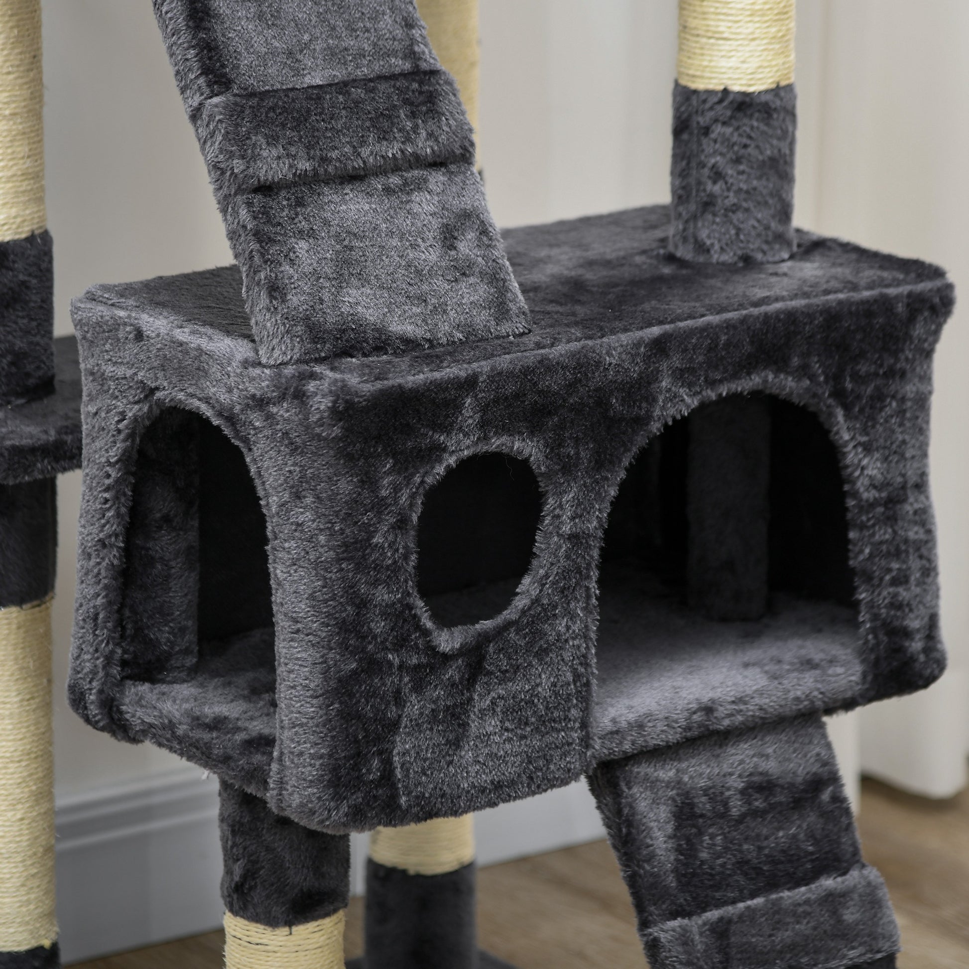 Cat Scratching Tree Large 19.29x19.29x68.11 inches with Multiple Levels with Caves Stairs Hanging Toys Beds Activity Center Sisal Dark Gray