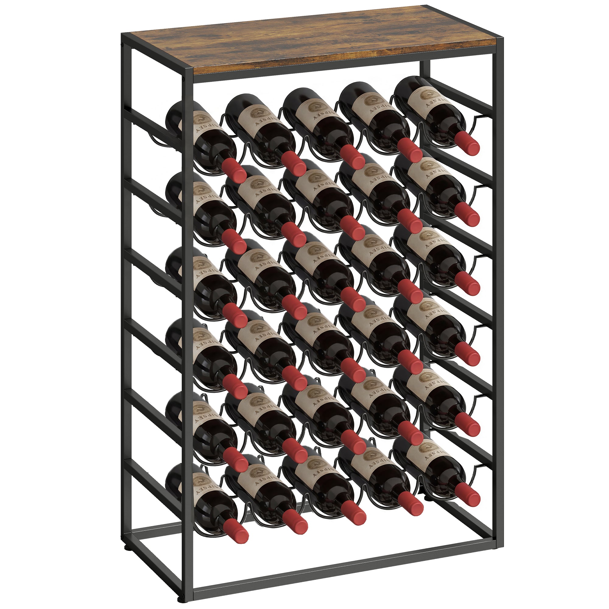 30-Bottle Wine Rack, 6-Tier Wood-Effect Top, Industrial Metal Shelf for Cellar, Bar, Basement — 23.2 x 11.8 x 34.8 in (59 x 30 x 88.5 cm), Rustic Brown