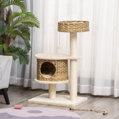 Rattan Cat Tree 95 cm Height 3-Tier Cat Tree with Platform, Cat Bed, Climbing Tree with Cat Cave Sisal Stems Play Balls Cat Furniture Sisal Natural Beige