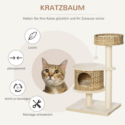 Rattan Cat Tree 95 cm Height 3-Tier Cat Tree with Platform, Cat Bed, Climbing Tree with Cat Cave Sisal Stems Play Balls Cat Furniture Sisal Natural Beige