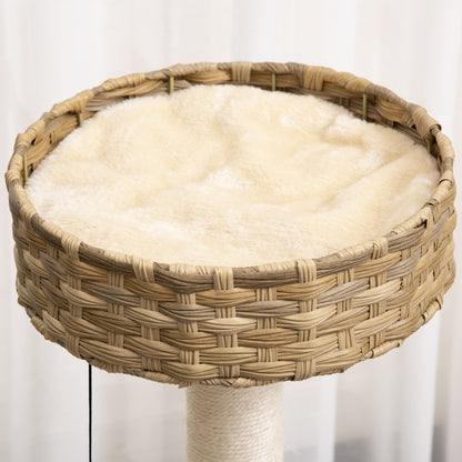 Rattan Cat Tree 95 cm Height 3-Tier Cat Tree with Platform, Cat Bed, Climbing Tree with Cat Cave Sisal Stems Play Balls Cat Furniture Sisal Natural Beige