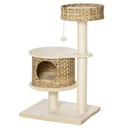 Rattan Cat Tree 95 cm Height 3-Tier Cat Tree with Platform, Cat Bed, Climbing Tree with Cat Cave Sisal Stems Play Balls Cat Furniture Sisal Natural Beige