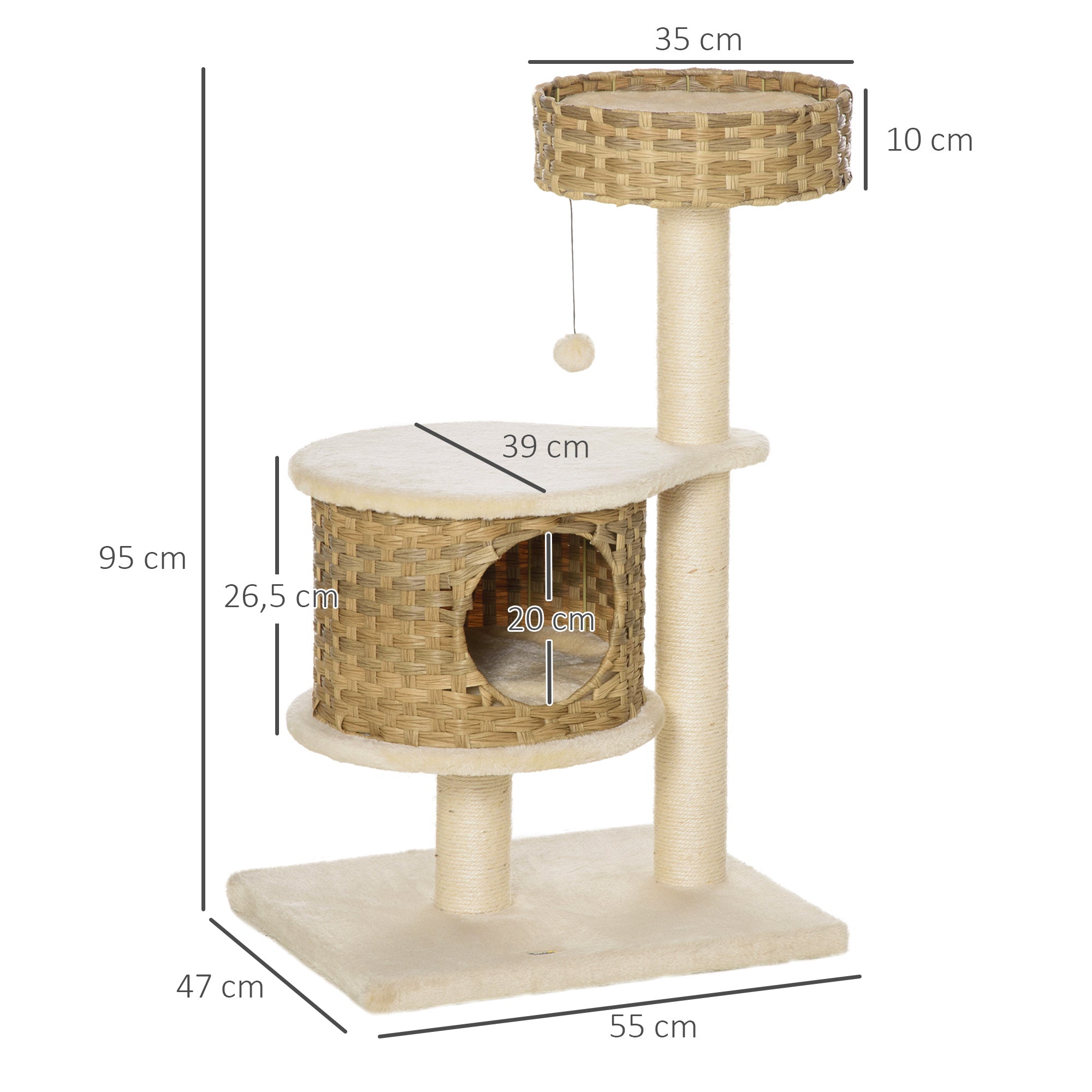Rattan Cat Tree 95 cm Height 3-Tier Cat Tree with Platform, Cat Bed, Climbing Tree with Cat Cave Sisal Stems Play Balls Cat Furniture Sisal Natural Beige
