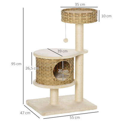 Rattan Cat Tree 95 cm Height 3-Tier Cat Tree with Platform, Cat Bed, Climbing Tree with Cat Cave Sisal Stems Play Balls Cat Furniture Sisal Natural Beige