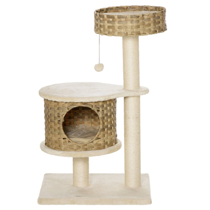 Rattan Cat Tree 95 cm Height 3-Tier Cat Tree with Platform, Cat Bed, Climbing Tree with Cat Cave Sisal Stems Play Balls Cat Furniture Sisal Natural Beige