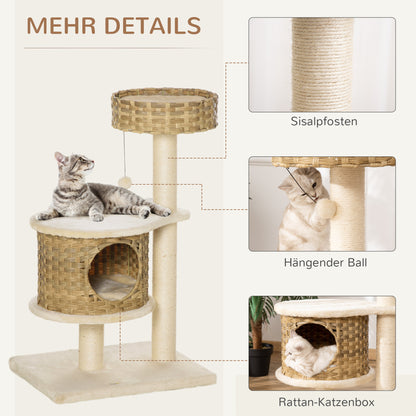 Rattan Cat Tree 95 cm Height 3-Tier Cat Tree with Platform, Cat Bed, Climbing Tree with Cat Cave Sisal Stems Play Balls Cat Furniture Sisal Natural Beige