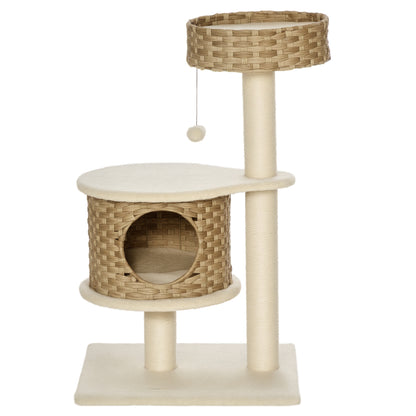 Rattan Cat Tree 95 cm Height 3-Tier Cat Tree with Platform, Cat Bed, Climbing Tree with Cat Cave Sisal Stems Play Balls Cat Furniture Sisal Natural Beige