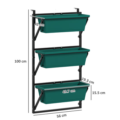 3-Tier Vertical Outdoor Planter with 3 Plastic Outdoor Plant Pots with Drainage Holes, Hanging Plant Stand for Flowers and Herbs, 56x42x100 cm, Green