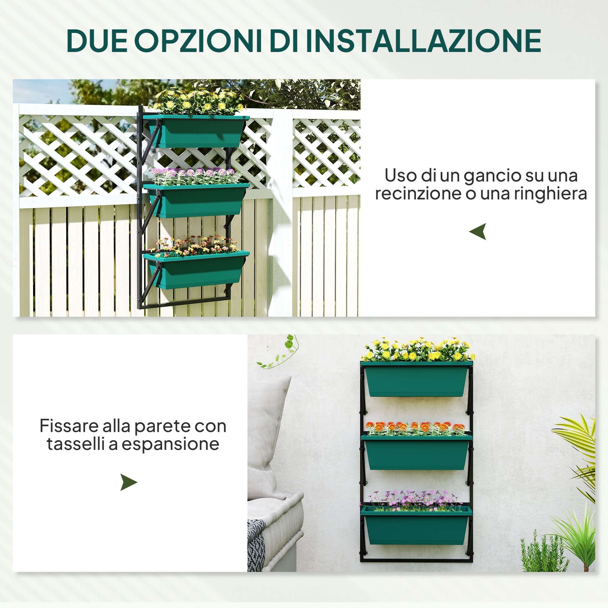 3-Tier Vertical Outdoor Planter with 3 Plastic Outdoor Plant Pots with Drainage Holes, Hanging Plant Stand for Flowers and Herbs, 56x42x100 cm, Green