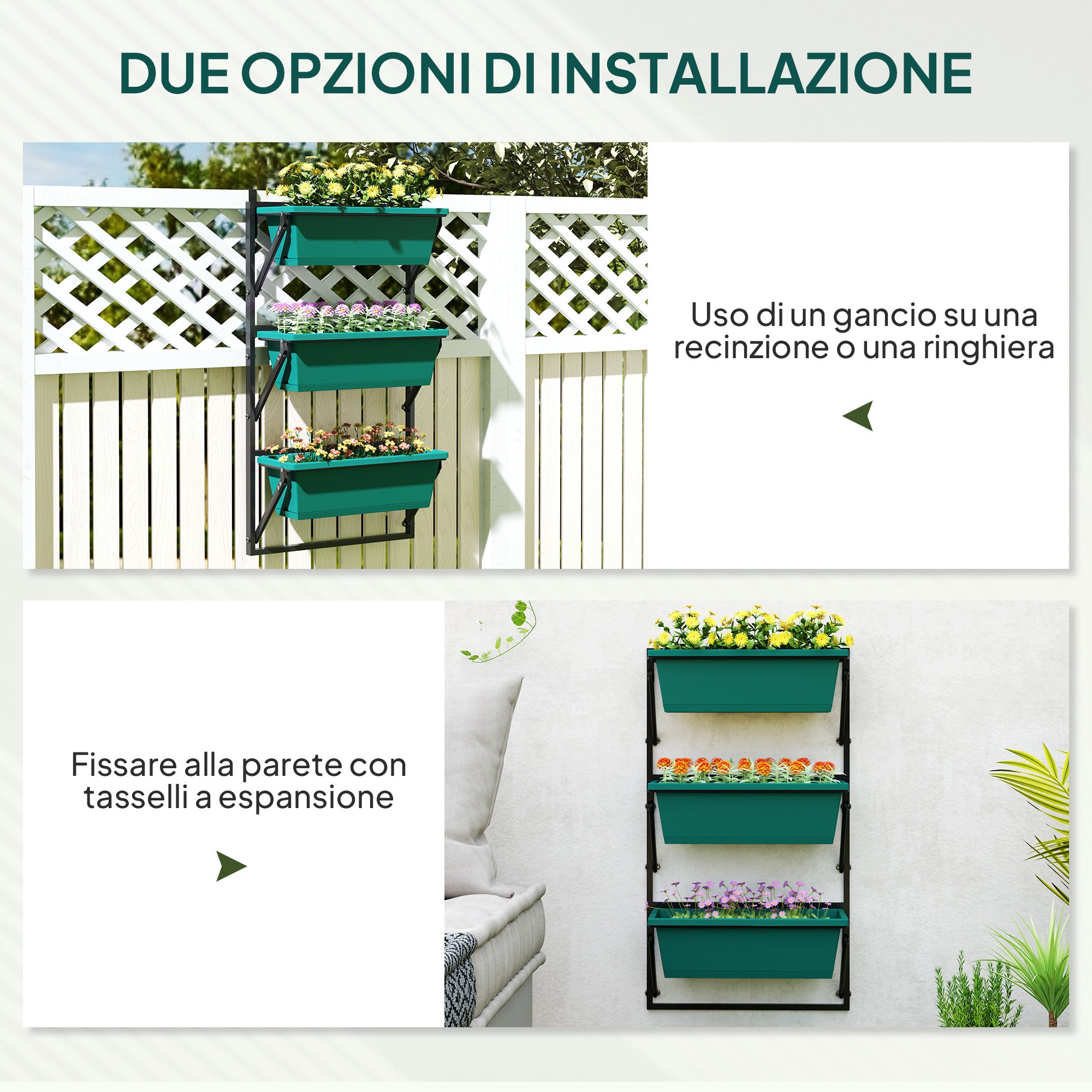 3-Tier Vertical Outdoor Planter with 3 Plastic Outdoor Plant Pots with Drainage Holes, Hanging Plant Stand for Flowers and Herbs, 56x42x100 cm, Green