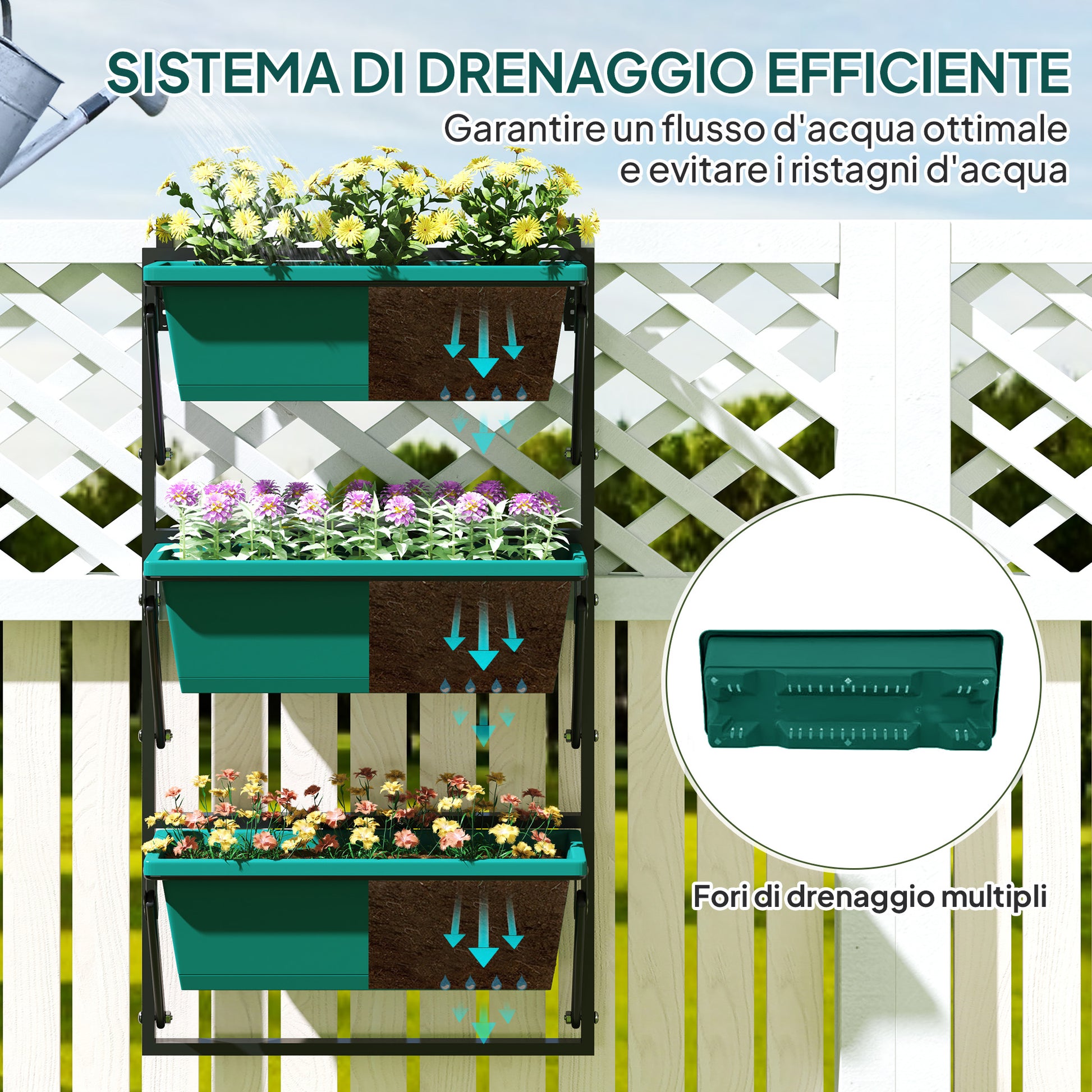 3-Tier Vertical Outdoor Planter with 3 Plastic Outdoor Plant Pots with Drainage Holes, Hanging Plant Stand for Flowers and Herbs, 56x42x100 cm, Green