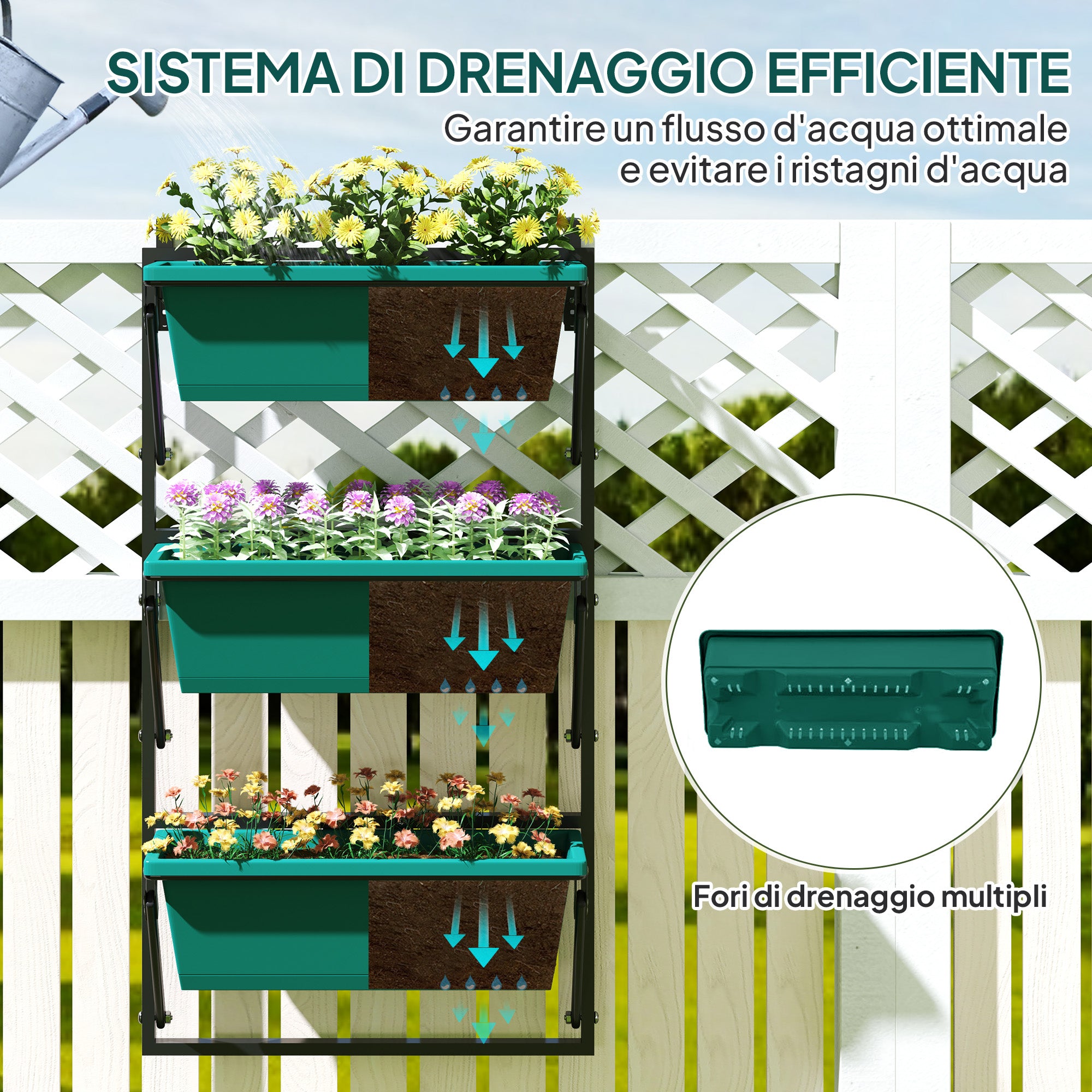 3-Tier Vertical Outdoor Planter with 3 Plastic Outdoor Plant Pots with Drainage Holes, Hanging Plant Stand for Flowers and Herbs, 56x42x100 cm, Green