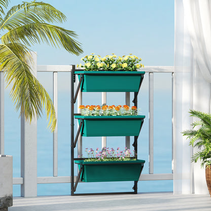 3-Tier Vertical Outdoor Planter with 3 Plastic Outdoor Plant Pots with Drainage Holes, Hanging Plant Stand for Flowers and Herbs, 56x42x100 cm, Green