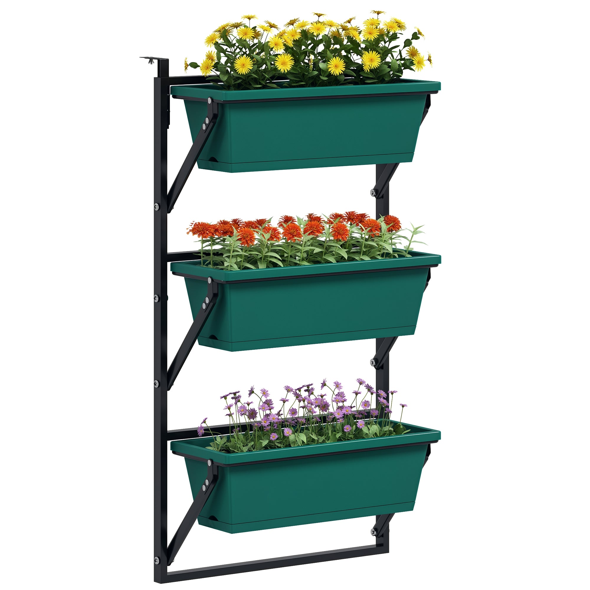 3-Tier Vertical Outdoor Planter with 3 Plastic Outdoor Plant Pots with Drainage Holes, Hanging Plant Stand for Flowers and Herbs, 56x42x100 cm, Green