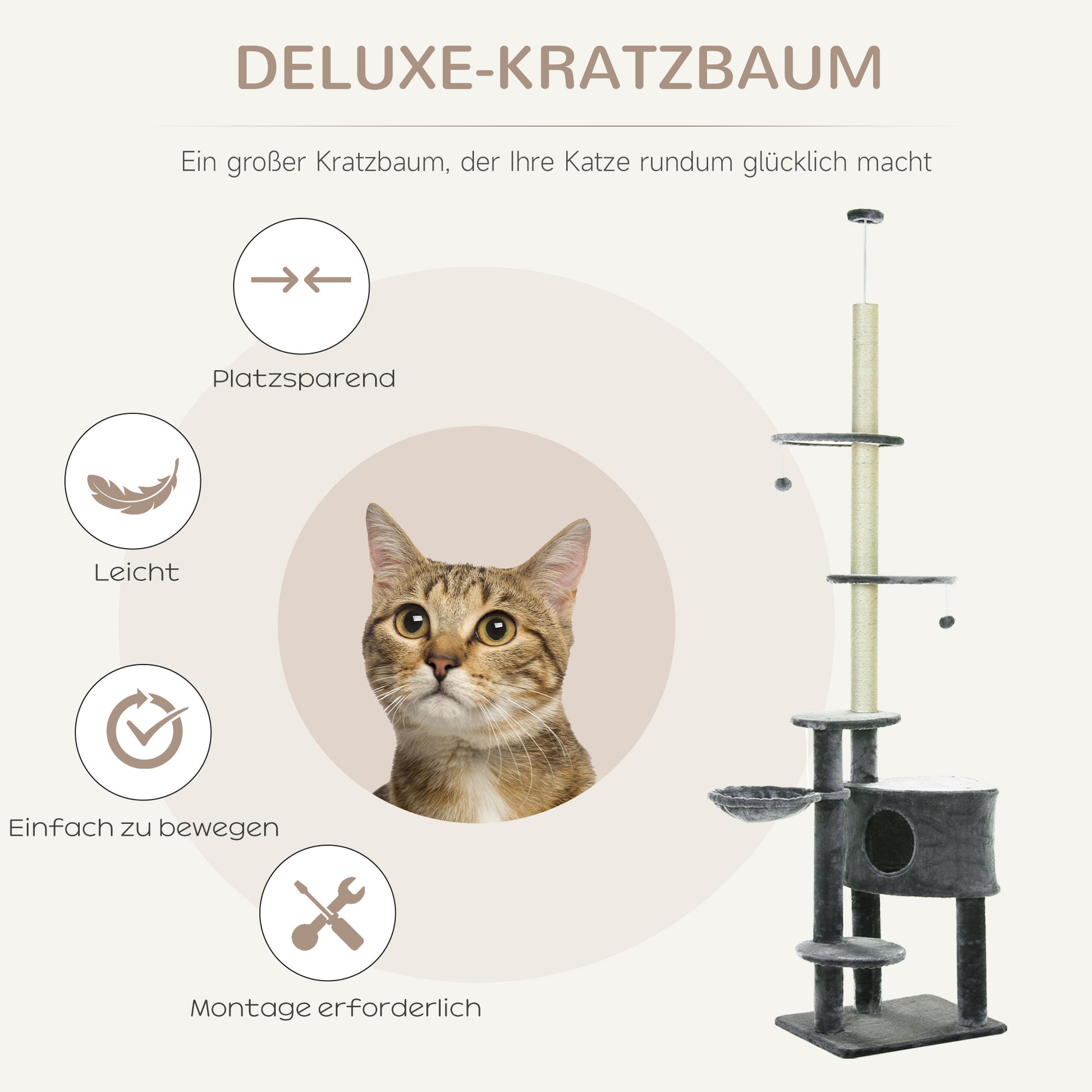 floor-to-ceiling cat tree height 220-265 cm cat tree with play balls, cat cave, hammock, sisal poles, platforms multi-level cat scratching post climbing tree for medium-sized cats, Dark Gray