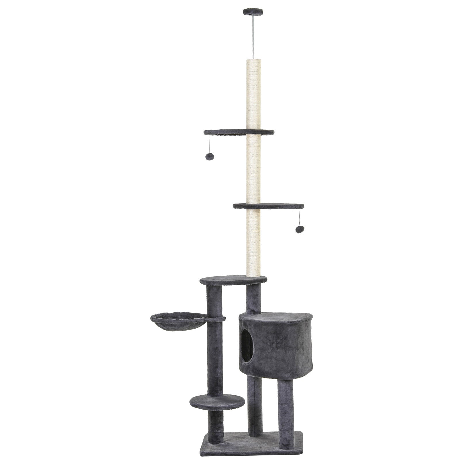 floor-to-ceiling cat tree height 220-265 cm cat tree with play balls, cat cave, hammock, sisal poles, platforms multi-level cat scratching post climbing tree for medium-sized cats, Dark Gray