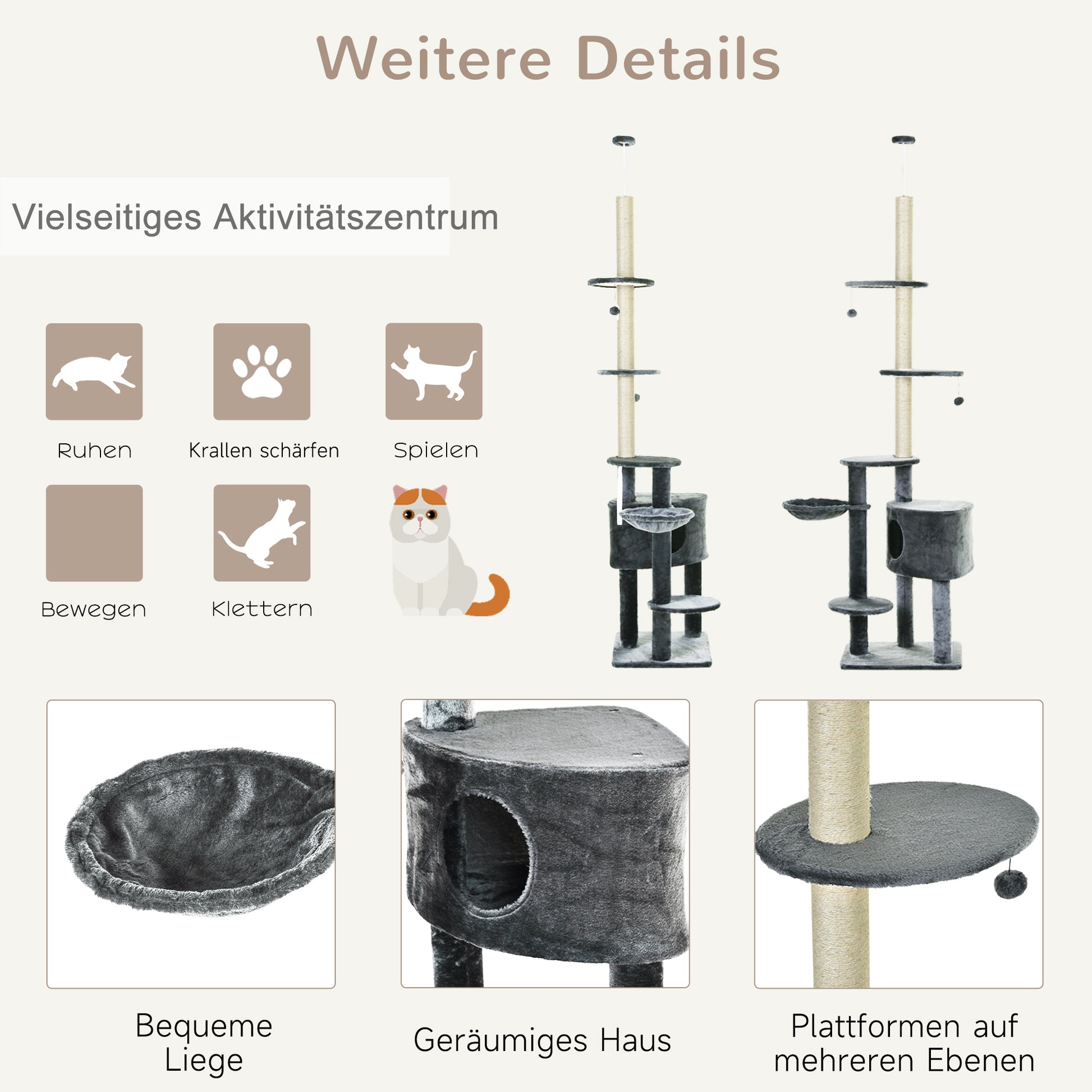 floor-to-ceiling cat tree height 220-265 cm cat tree with play balls, cat cave, hammock, sisal poles, platforms multi-level cat scratching post climbing tree for medium-sized cats, Dark Gray