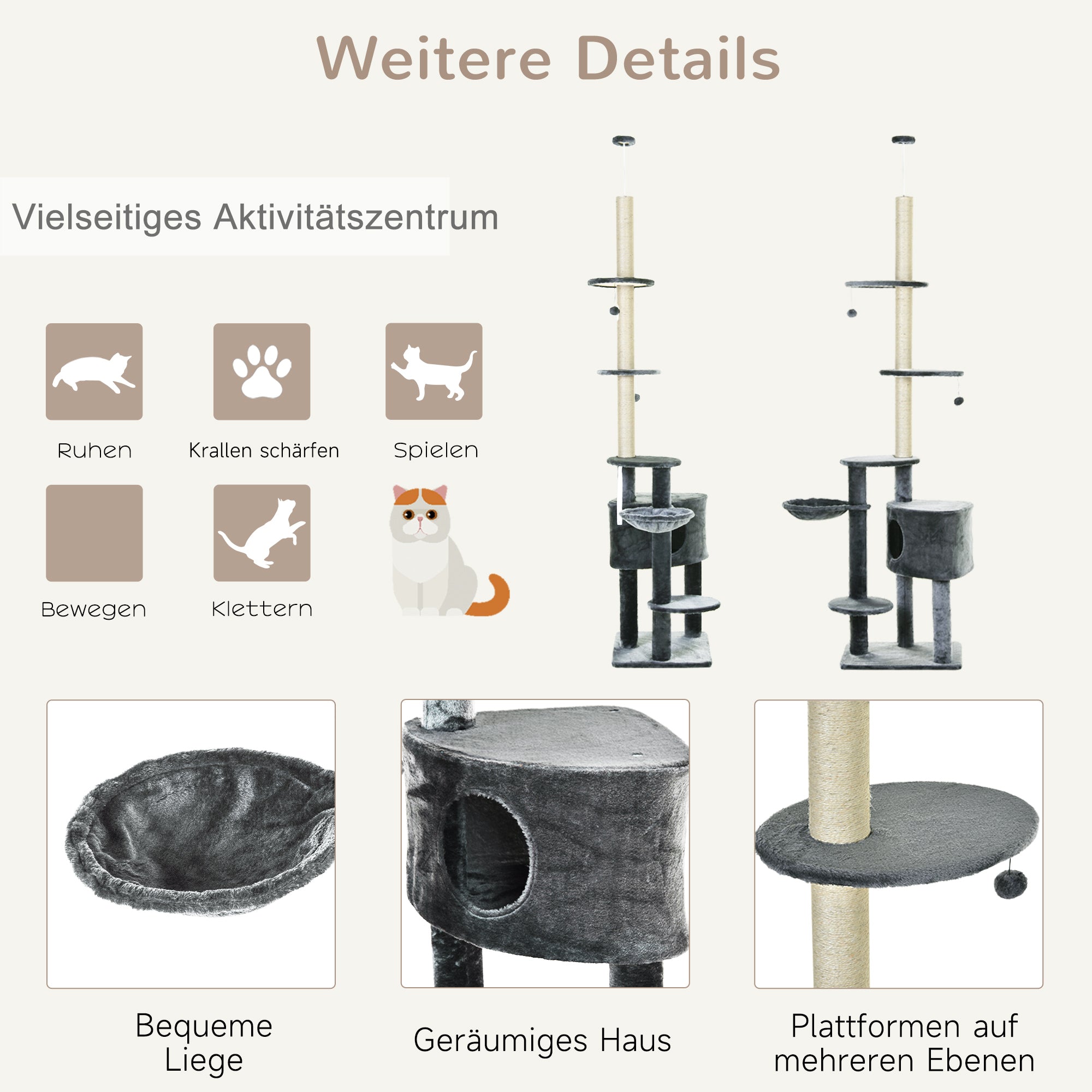 floor-to-ceiling cat tree height 220-265 cm cat tree with play balls, cat cave, hammock, sisal poles, platforms multi-level cat scratching post climbing tree for medium-sized cats, Dark Gray