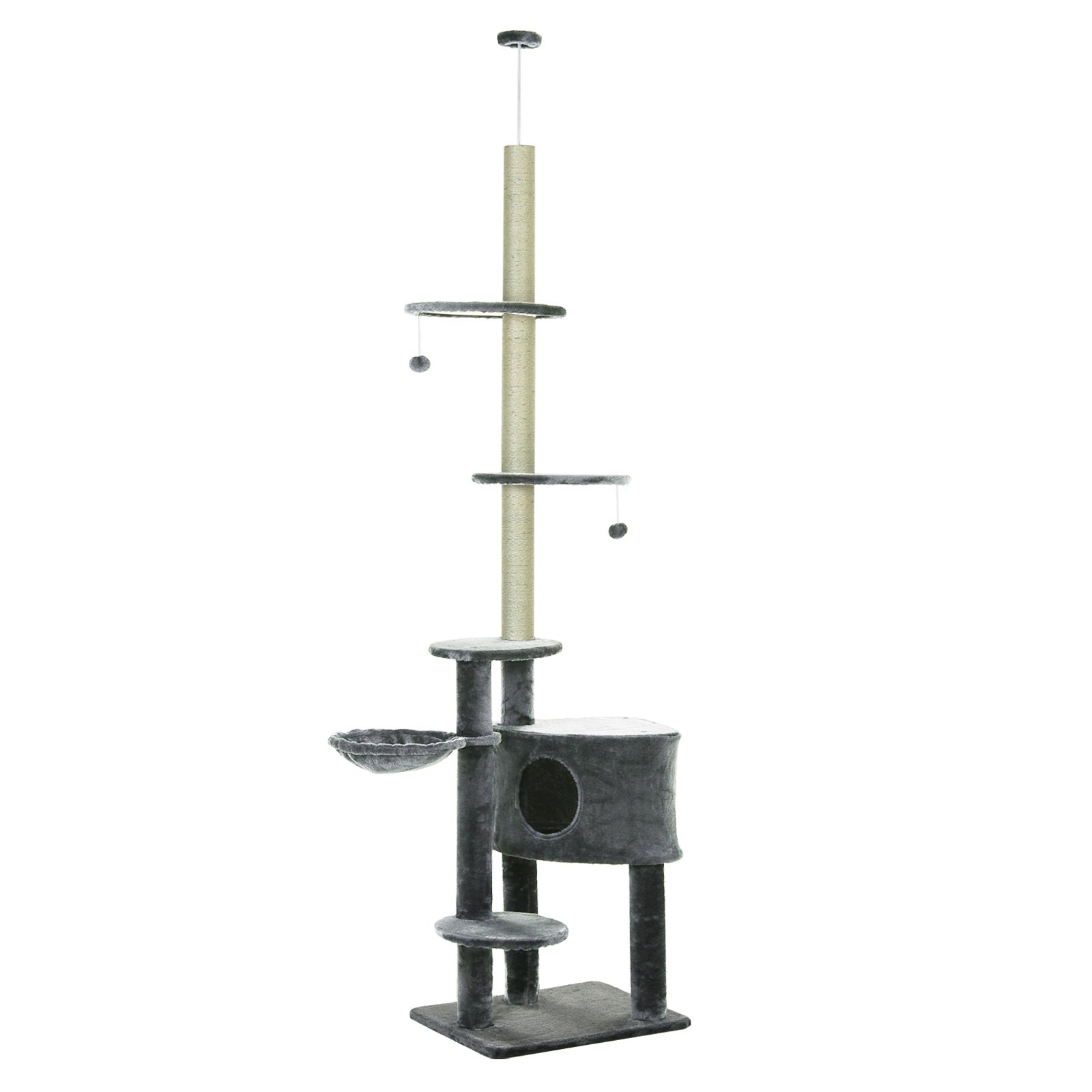 floor-to-ceiling cat tree height 220-265 cm cat tree with play balls, cat cave, hammock, sisal poles, platforms multi-level cat scratching post climbing tree for medium-sized cats, Dark Gray