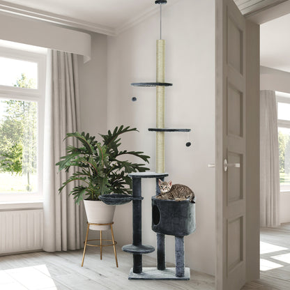 floor-to-ceiling cat tree height 220-265 cm cat tree with play balls, cat cave, hammock, sisal poles, platforms multi-level cat scratching post climbing tree for medium-sized cats, Dark Gray