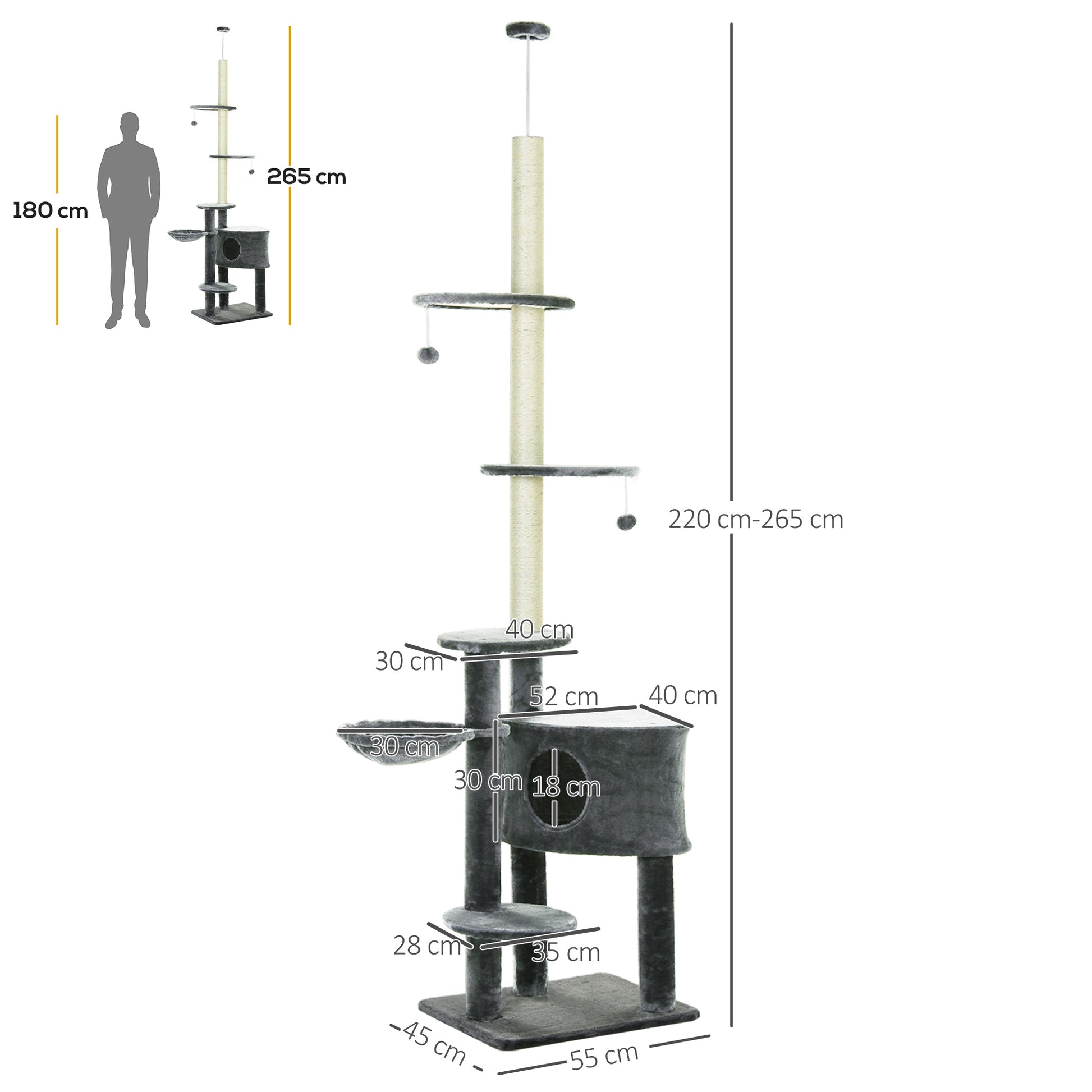 floor-to-ceiling cat tree height 220-265 cm cat tree with play balls, cat cave, hammock, sisal poles, platforms multi-level cat scratching post climbing tree for medium-sized cats, Dark Gray