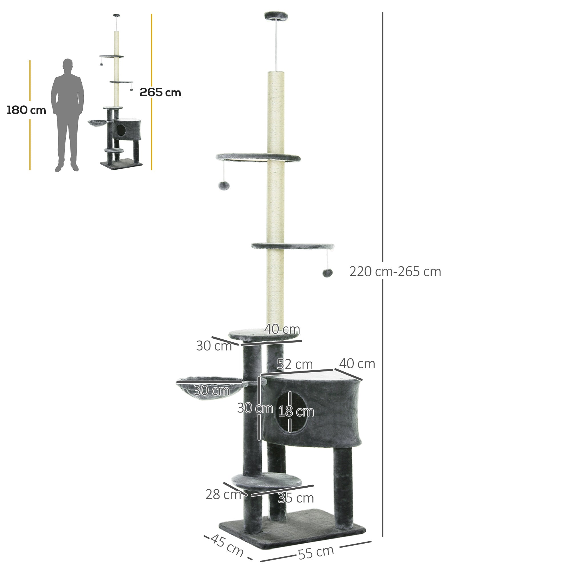 floor-to-ceiling cat tree height 220-265 cm cat tree with play balls, cat cave, hammock, sisal poles, platforms multi-level cat scratching post climbing tree for medium-sized cats, Dark Gray