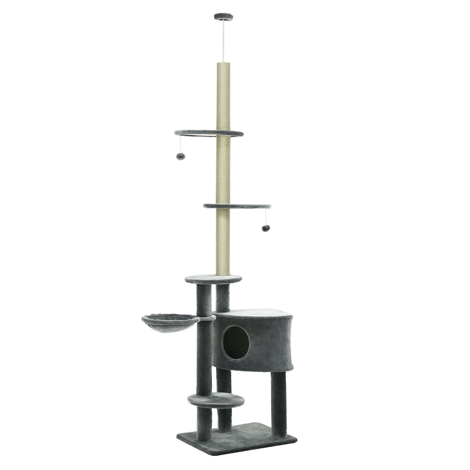 floor-to-ceiling cat tree height 220-265 cm cat tree with play balls, cat cave, hammock, sisal poles, platforms multi-level cat scratching post climbing tree for medium-sized cats, Dark Gray