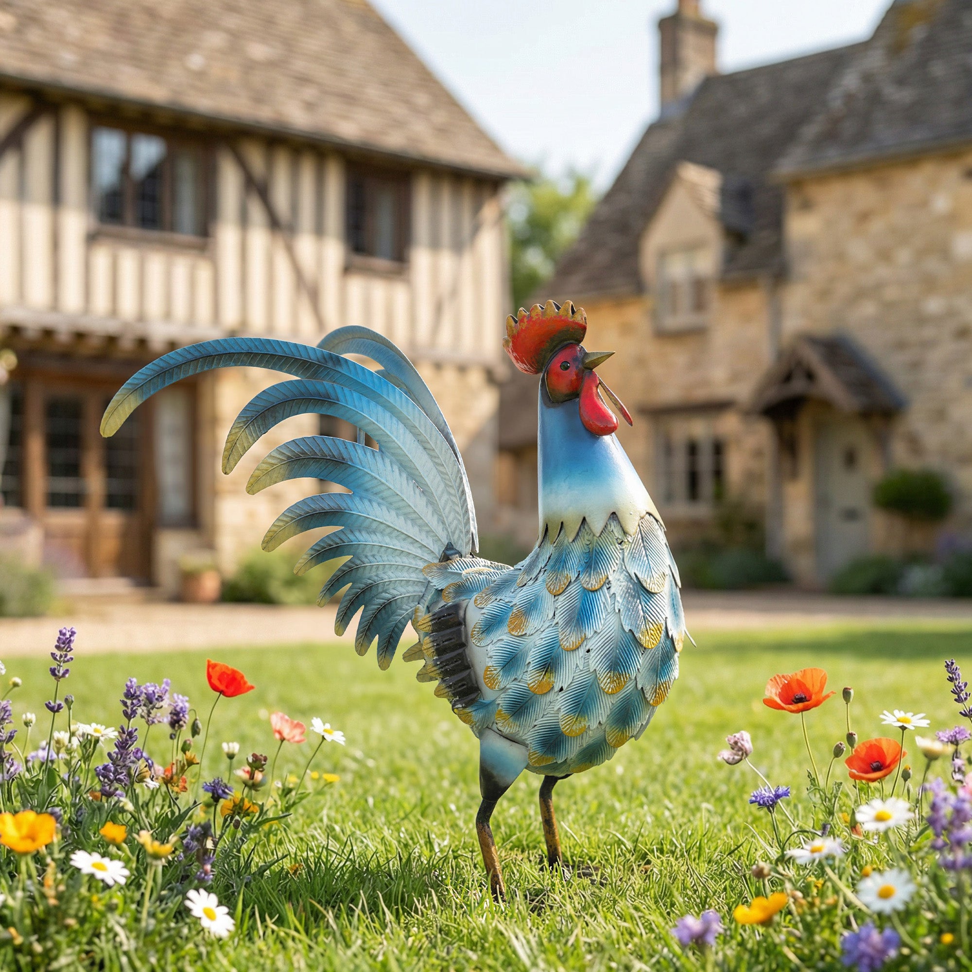 Rooster Garden Statue, Metal Rooster Sculpture with Ground Anchors, Standing Rooster for Patio and Lawn, 44 x 18 x 41 cm (17.3 x 7.1 x 16.1 in), Multicolor